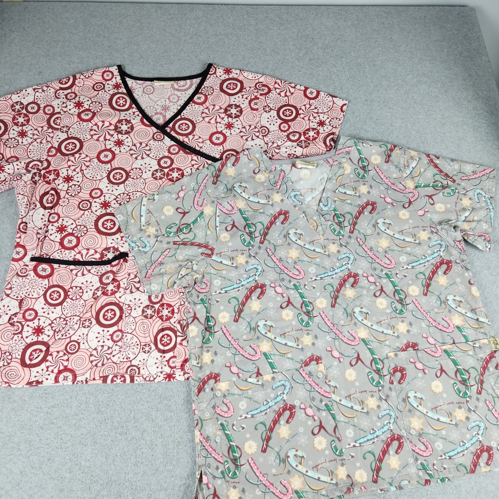 Tafford Lot of 2 Scrub Top Women's Medium Pink Gray Geometric Print Short Sleeve